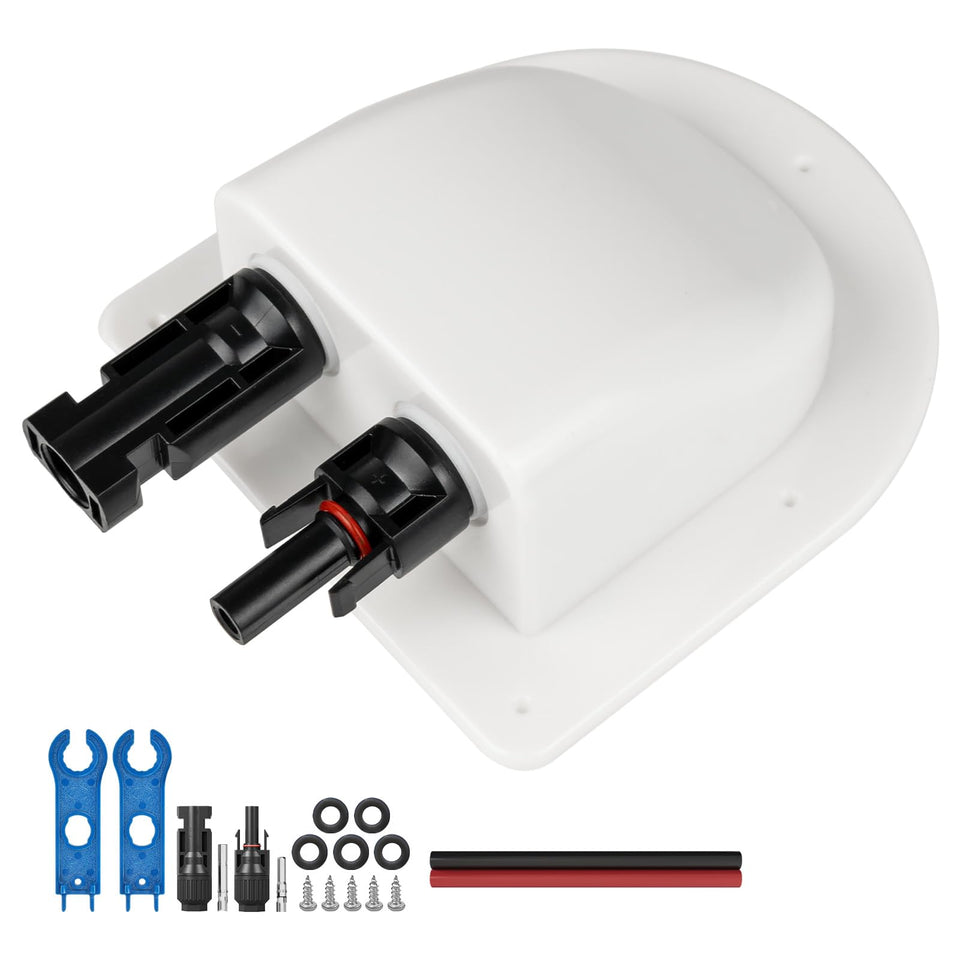 Pjerjzn solar cable entry gland with 10AWG white cable for neat RV roof wiring.