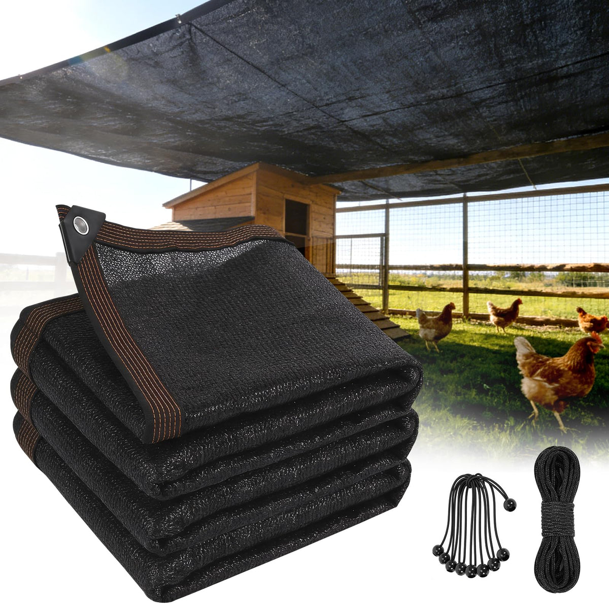PJT 75% shade cloth over a chicken coop showing cooler shade and airflow.