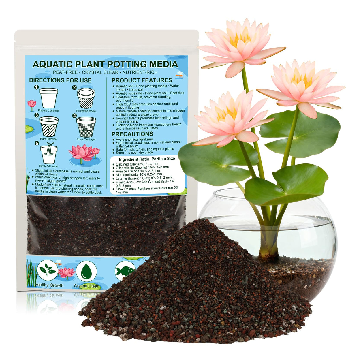 PJT Aquatic Plant Soil supports water lily roots for thriving pond displays.