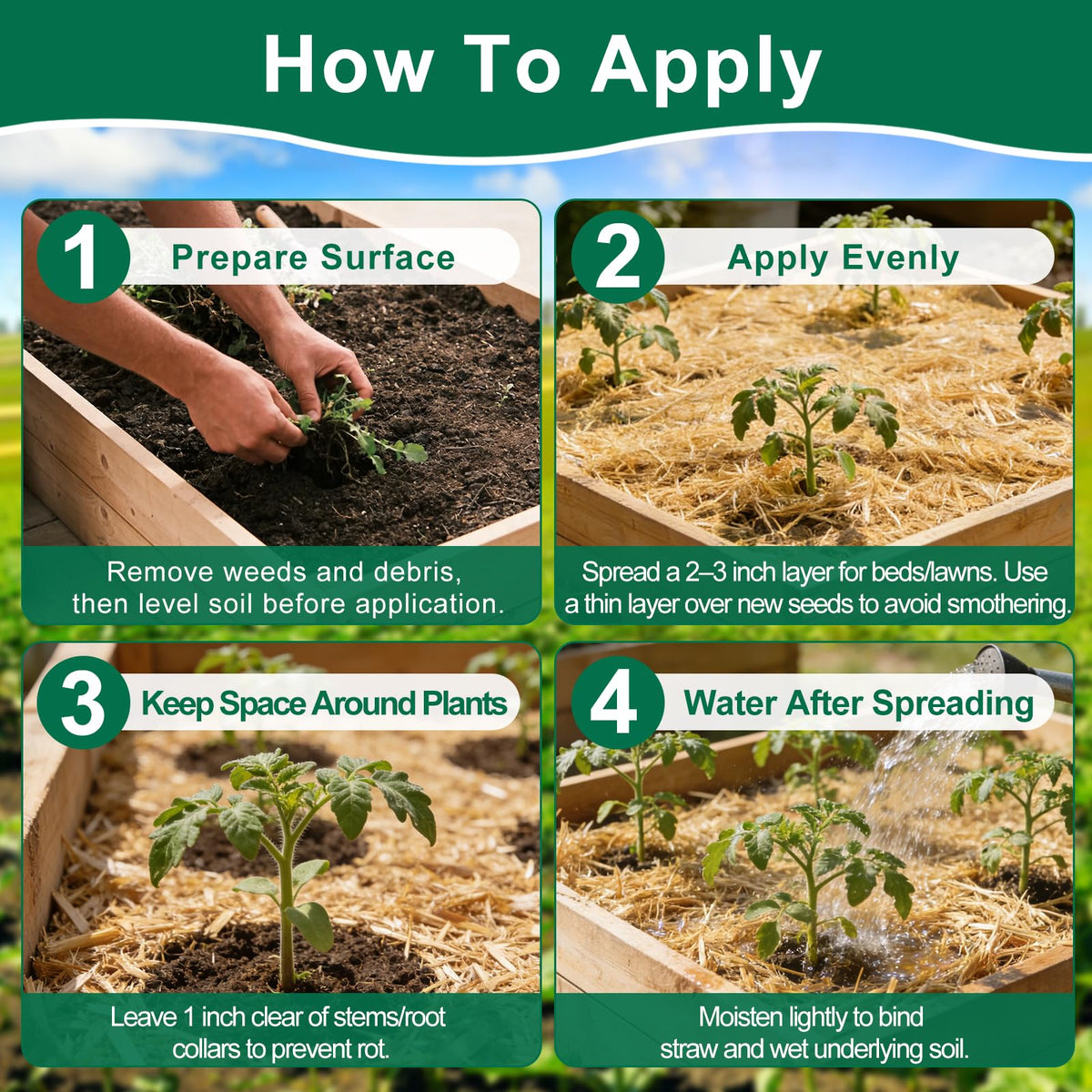 PJT Organic Garden Straw Mulch biodegrades to enrich soil over time.