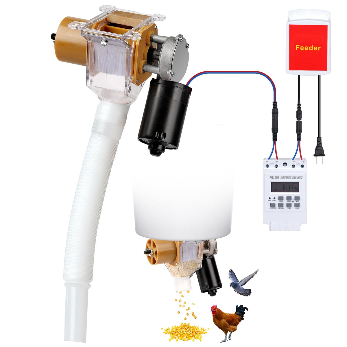 PKNYBZH automatic poultry feeder front view for hanging installation and scheduling.
