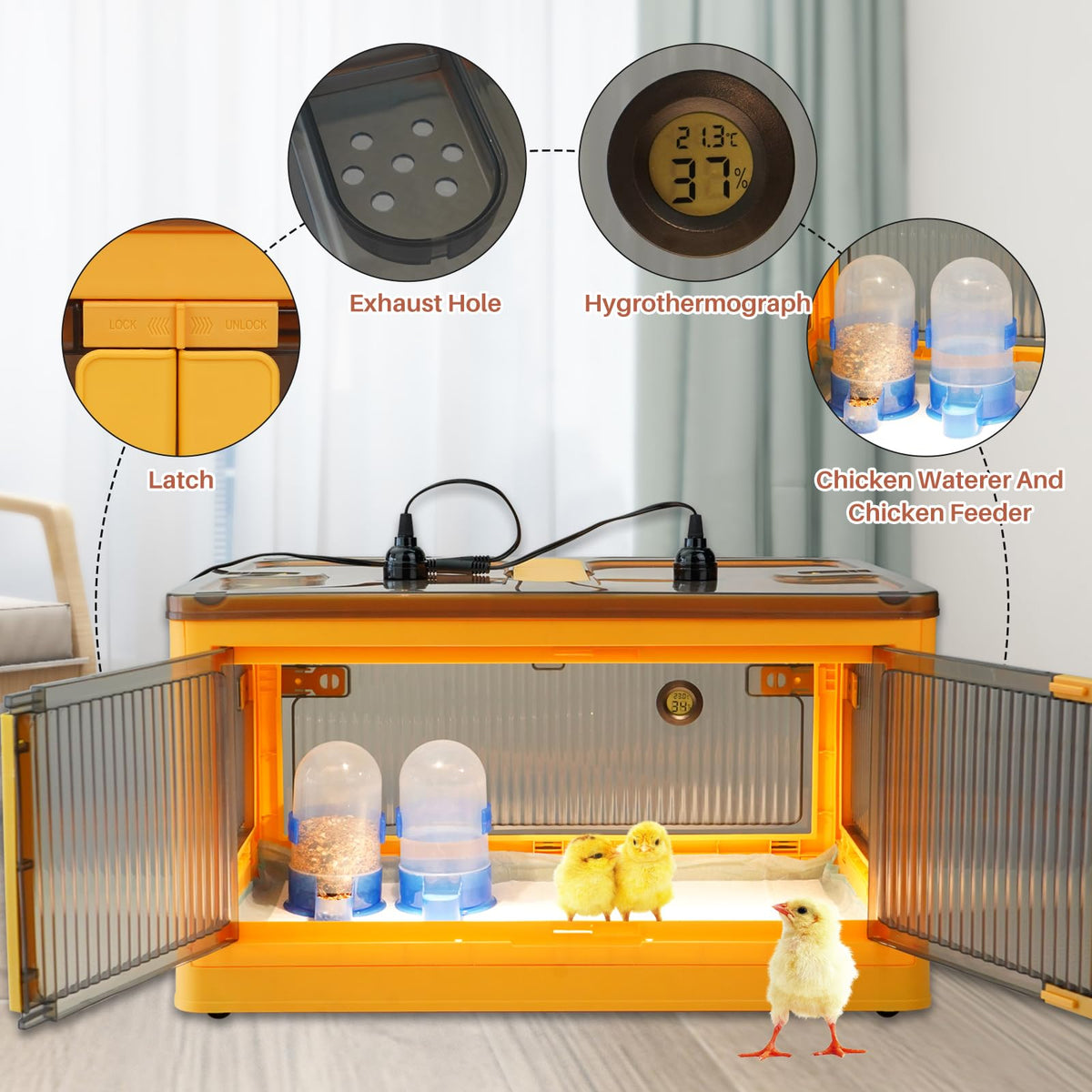 PKNYBZH Brooder box with feeder and waterer keeps chick feeding convenient.