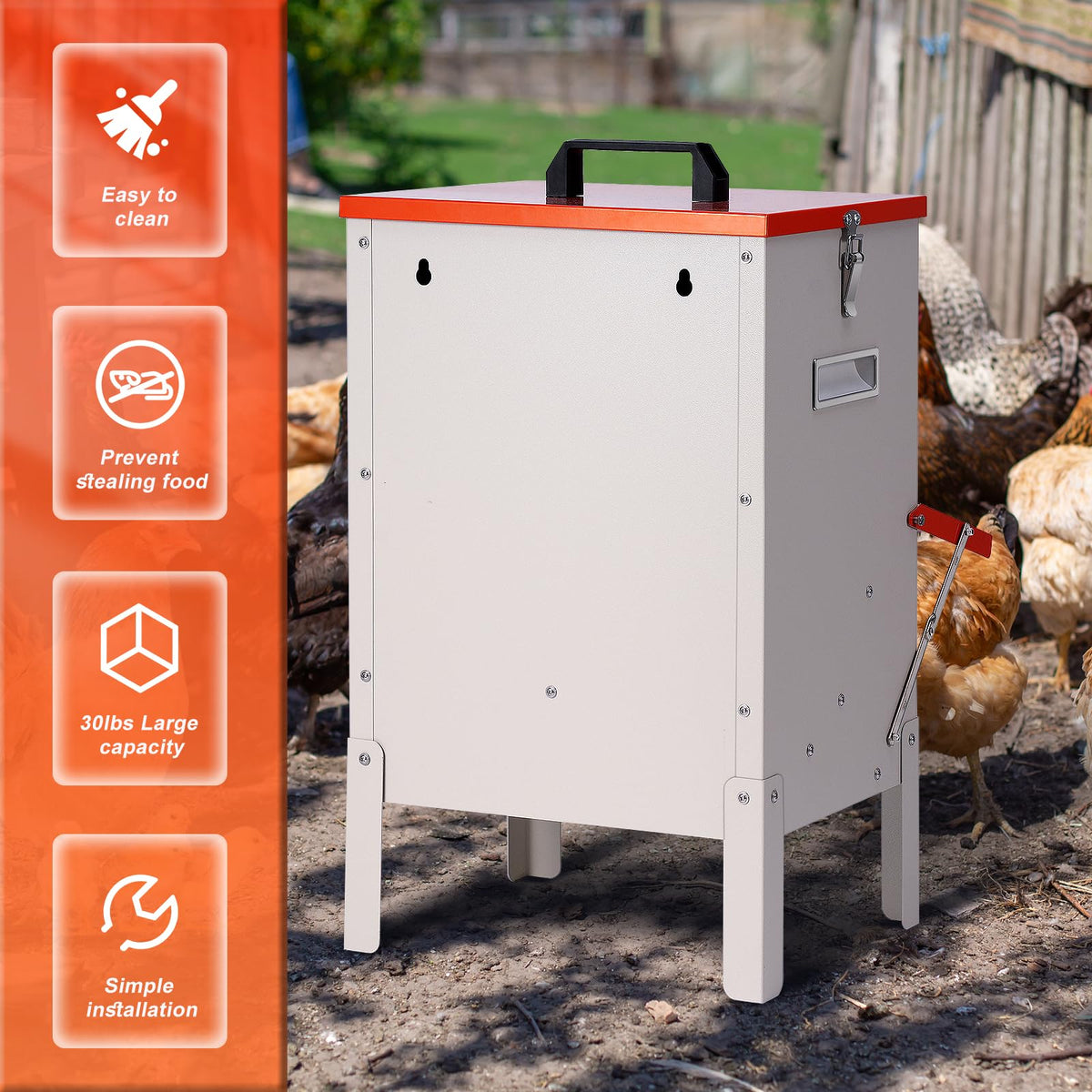 PKNYBZH durable orange feeder for outdoor poultry and pets.