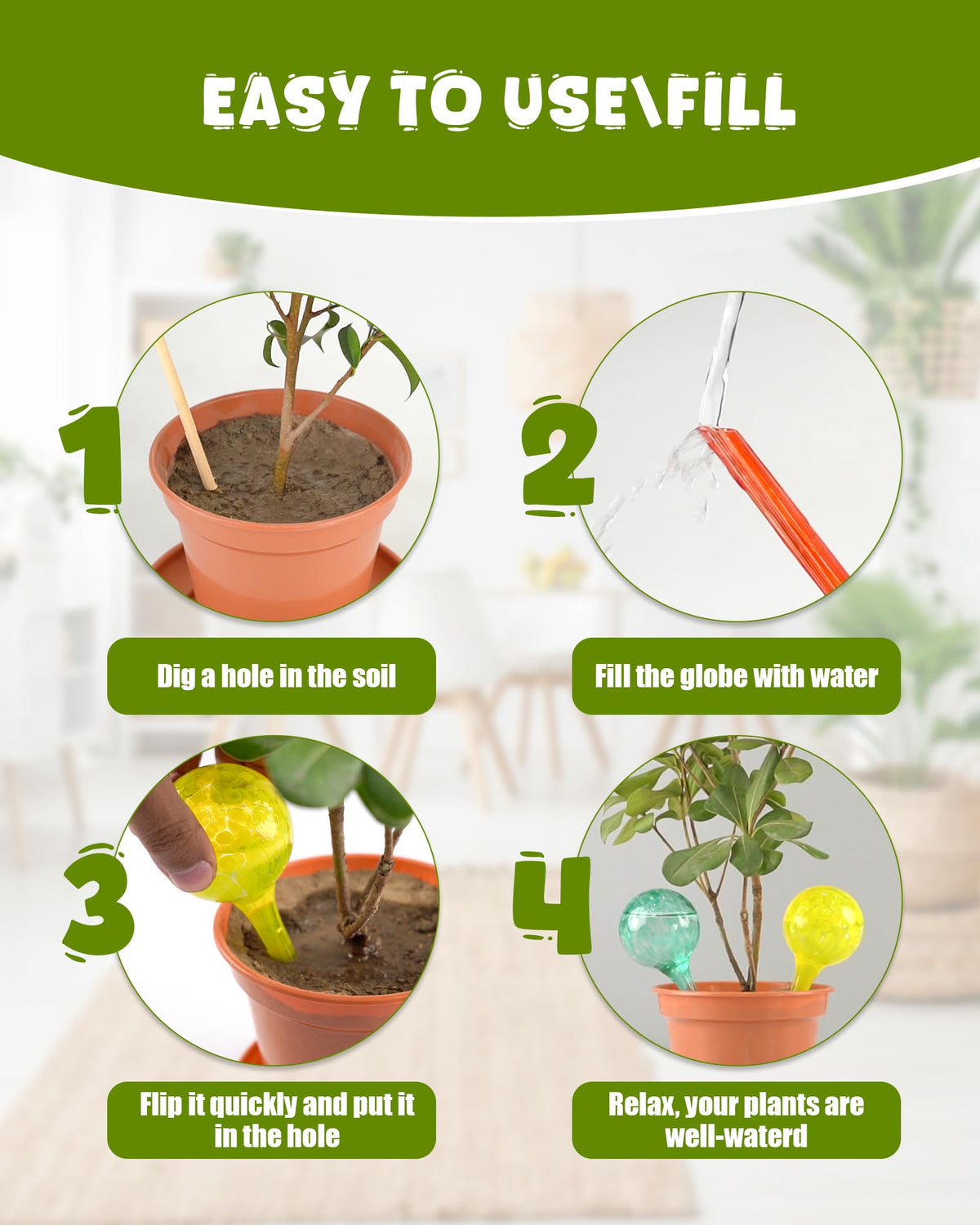 PlanKKers self-watering globes inserted into soil for steady moisture balance.