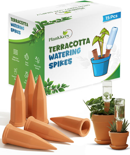 PlanKKers self-watering spike in terracotta provides steady hydration for potted plants.