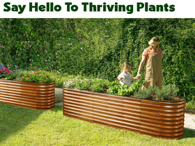 Plant & Plot garden bed in dark wood grain finish enhances outdoor aesthetics.