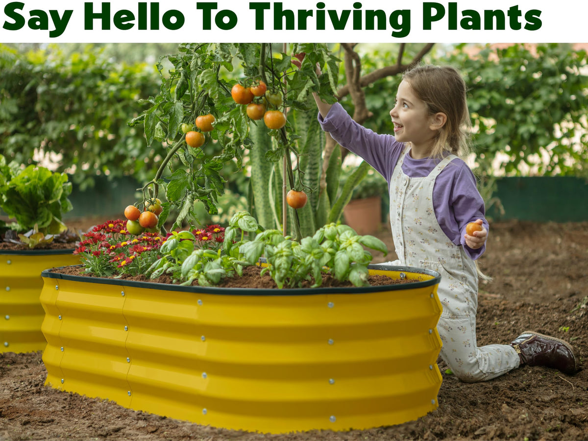 Plant & Plot durable galvanized steel bed yellow resists rust in outdoor conditions.
