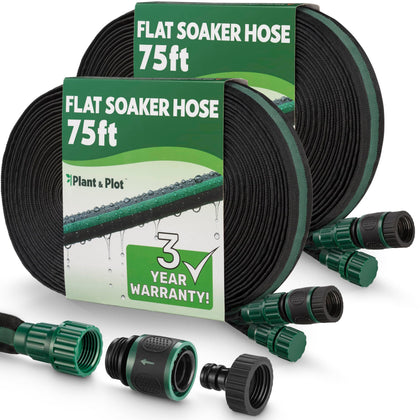 Plant & Plot flat soaker hose laid out across a garden bed showing layout for root-zone irrigation.
