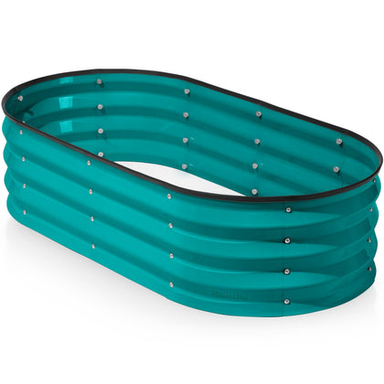 Plant & Plot galvanized raised bed front view in turquoise for easy gardening.