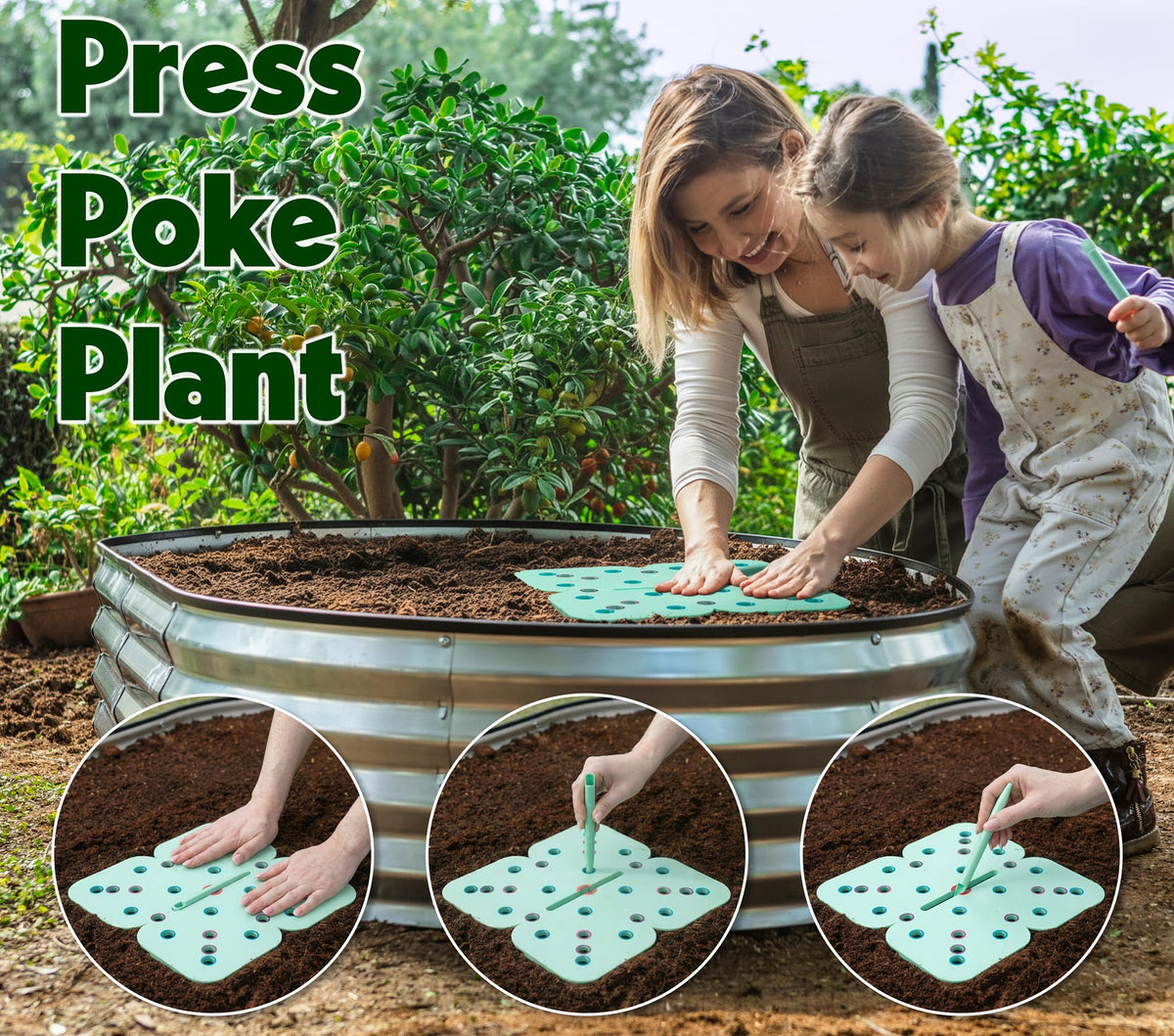 Plant & Plot Seed Spacer Tool with hole-poking action for quick placement.