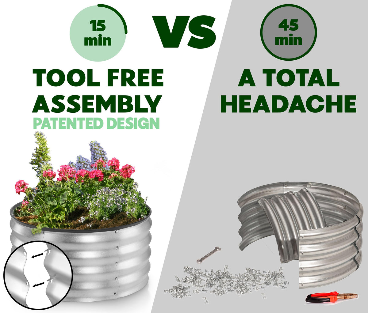 Plant and Plot tool-free assembly garden bed ready in about 20 minutes.
