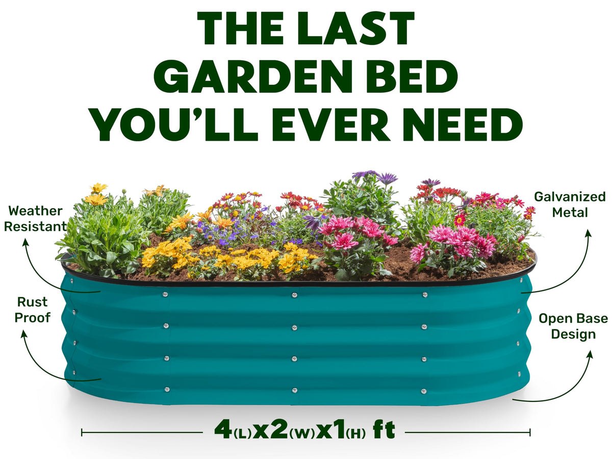 Plant & Plot turquoise garden bed thriving in a sunny backyard.