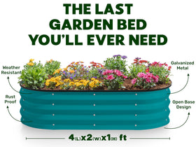 Plant & Plot turquoise garden bed thriving in a sunny backyard.