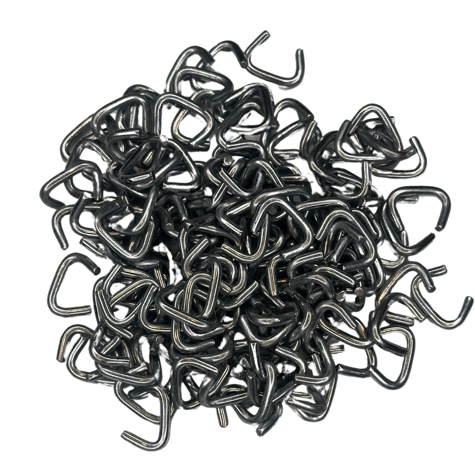 Plant My Tank hog rings in galvanized finish, close-up showing secure crimp for cages.