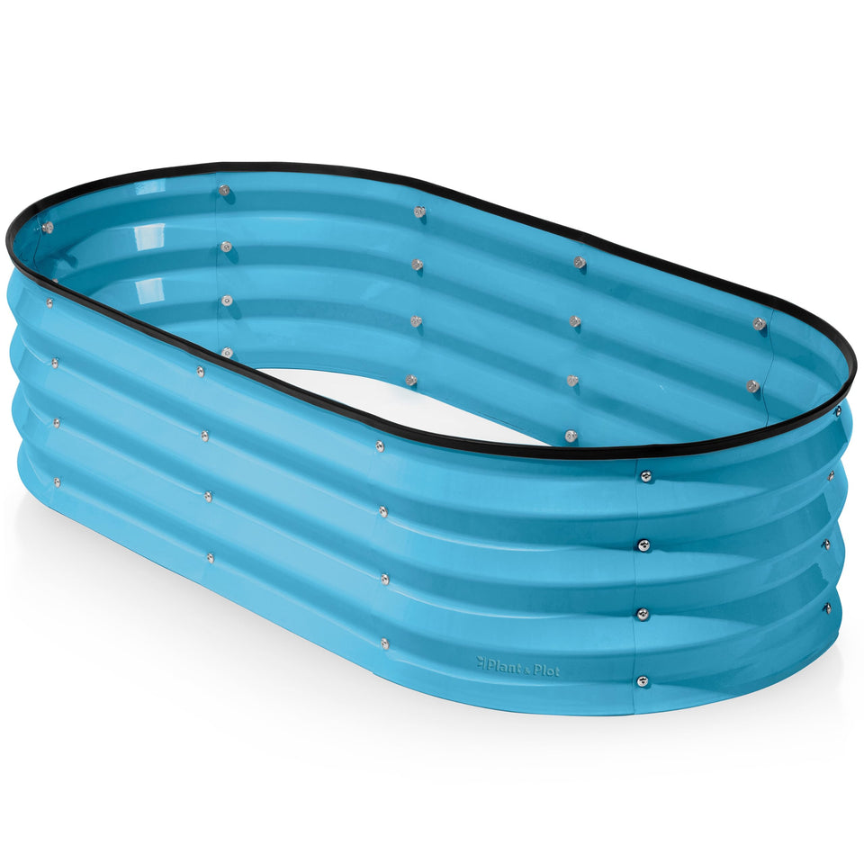 Plant & Plot teal galvanized raised bed front view—durable metal design for long-lasting gardening.