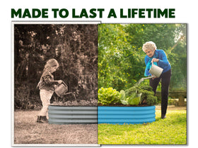 Plant & Plot teal raised bed side view highlighting sturdy construction and weather resistance.