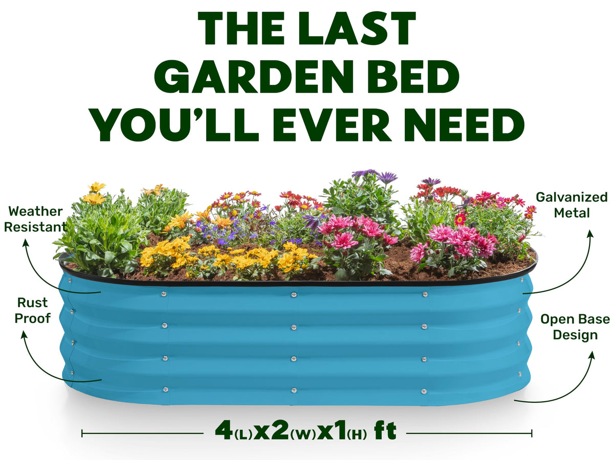 Plant & Plot teal garden bed in use with vegetables flourishing.