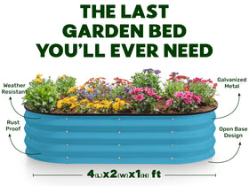 Plant & Plot teal garden bed in use with vegetables flourishing.