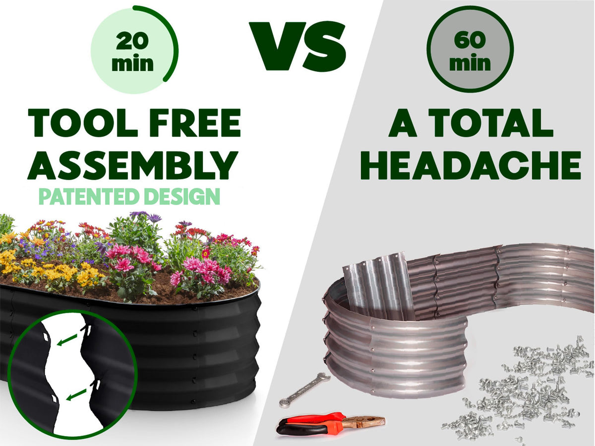 Plant & Plot two-pack image illustrates quick tool-free assembly for a fast garden start.