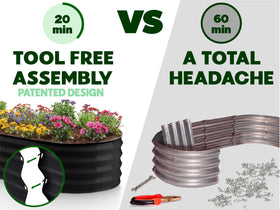 Plant & Plot two-pack image illustrates quick tool-free assembly for a fast garden start.
