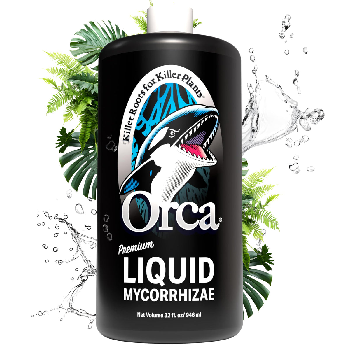 Plant Success Orca liquid mycorrhizae bottle pour supports nutrient uptake in soil.
