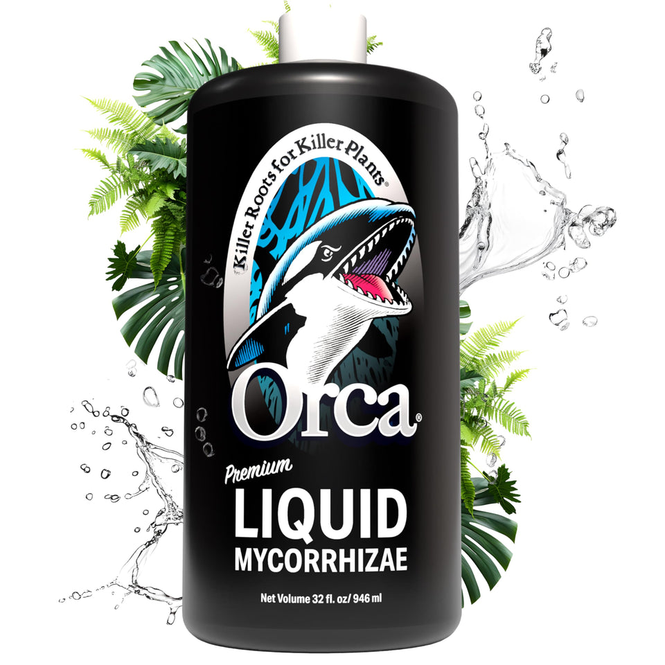 Plant Success Orca liquid mycorrhizae bottle pour supports nutrient uptake in soil.