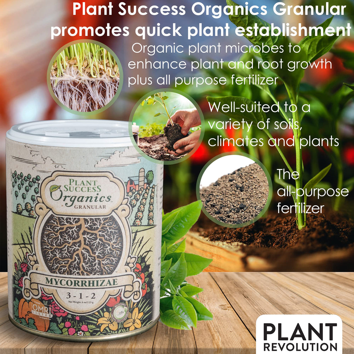 Plant Success Organics Granular in soil demonstrates easy application for stronger root colonization.