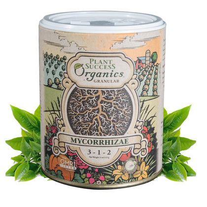 Plant Success Organics Mycorrhizal Fungi Plus bottle pour boosts root health and nutrient uptake.