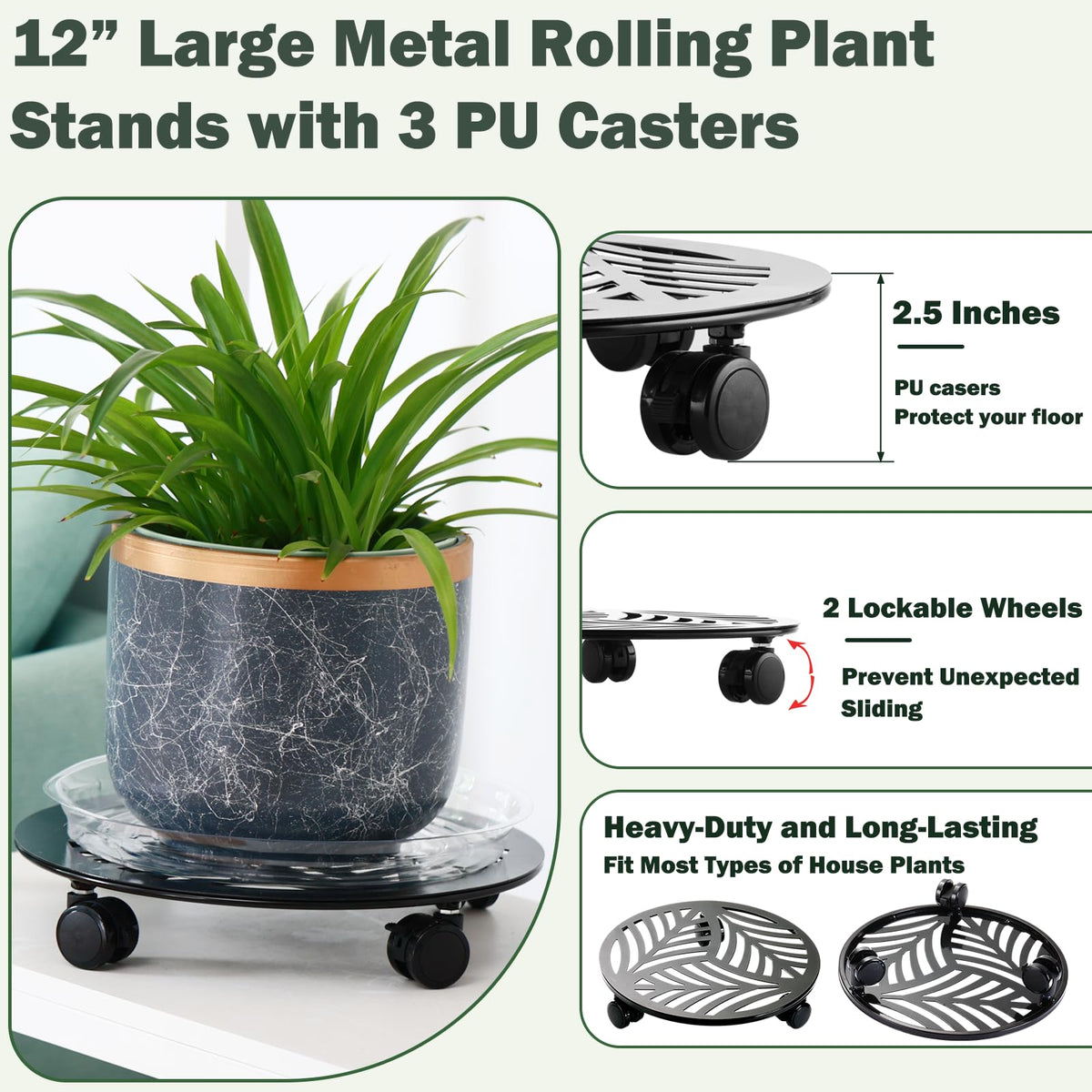 Planterhoma 12-inch metal caddy provides sturdy base for heavy pots
