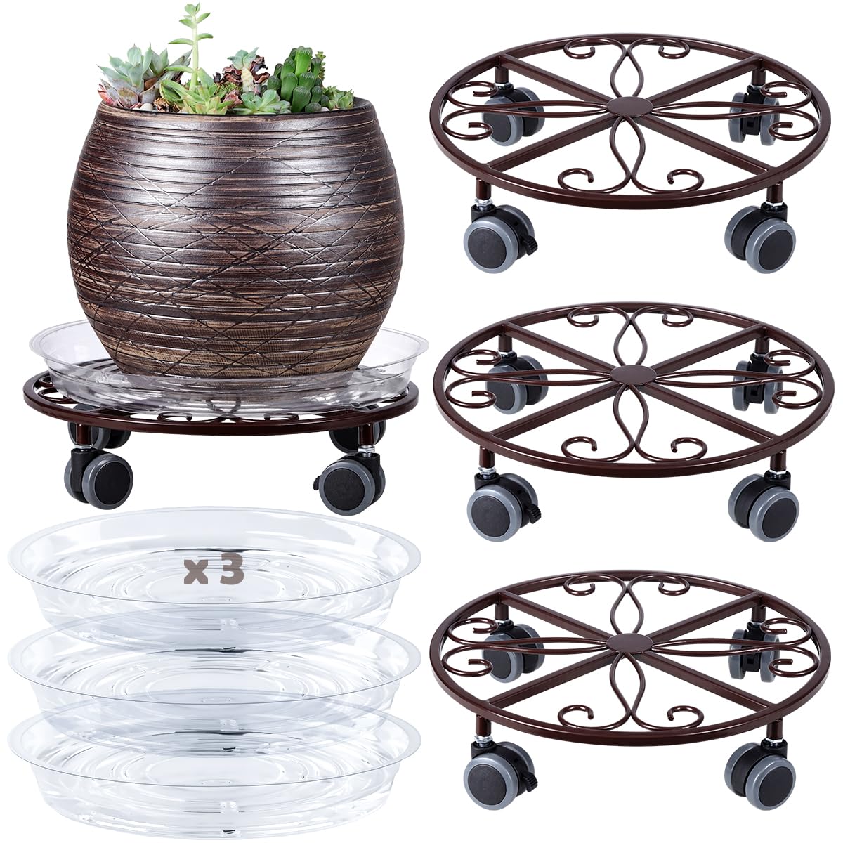 Planterhoma 3-pack plant caddy with wheels in bronze for easy relocation of pots