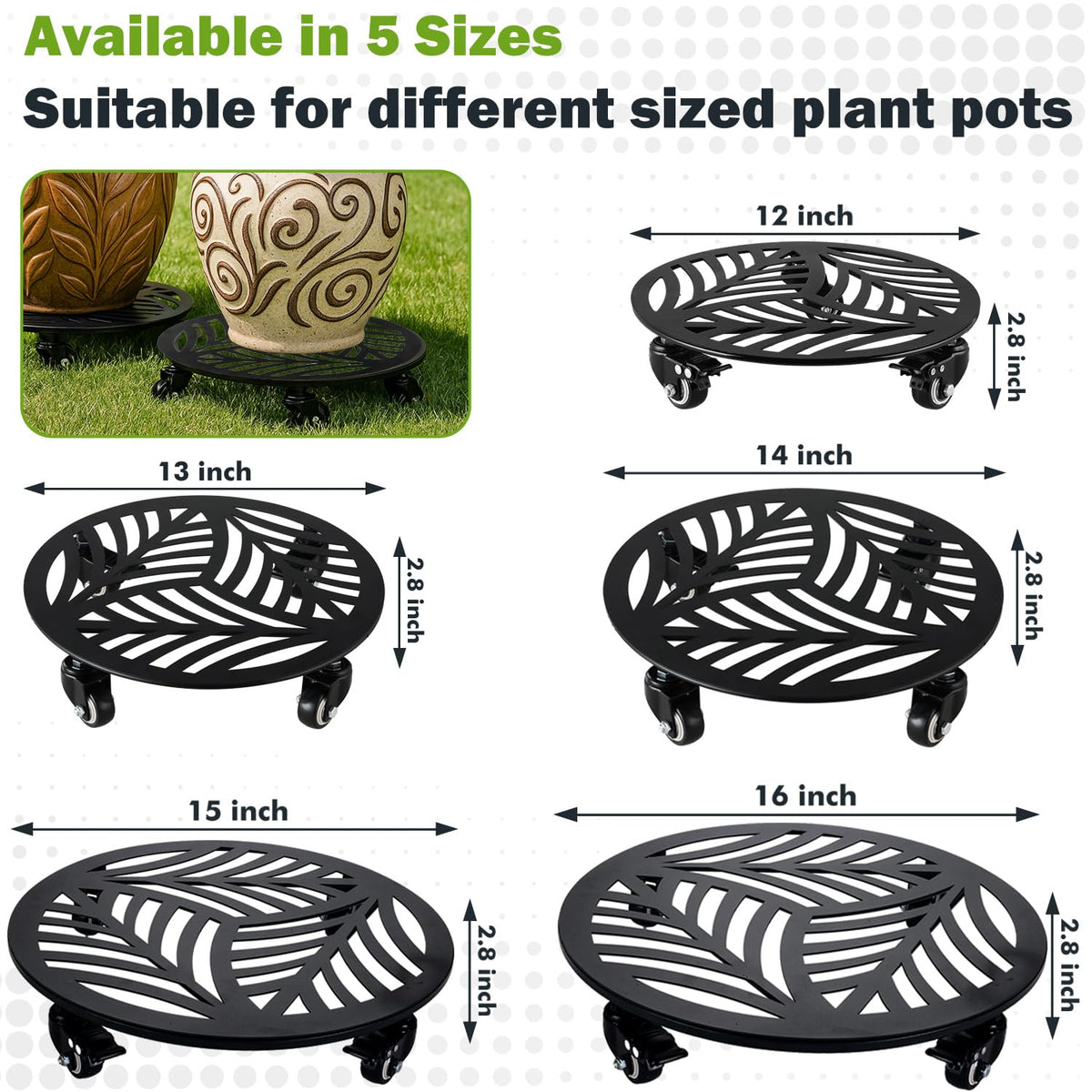 Planterhoma 2-pack rolling stands with locking wheels keep heavy pots secure.