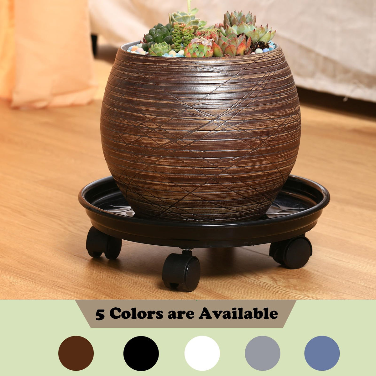 Planterhoma caddy features two locking wheels for secure placement.