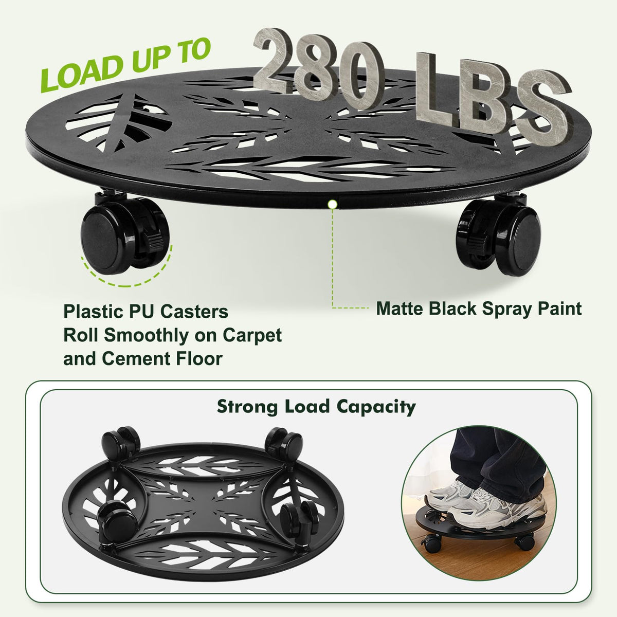 Planterhoma glossy black plant caddy with rust-resistant wheels for indoor or outdoor use.