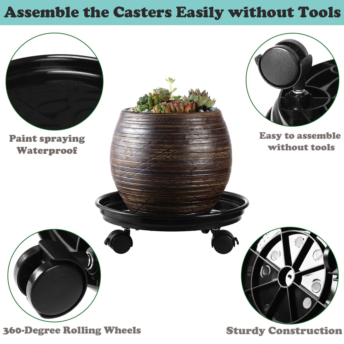 Planterhoma heavy-duty plastic dolly with four casters for smooth indoor movement.