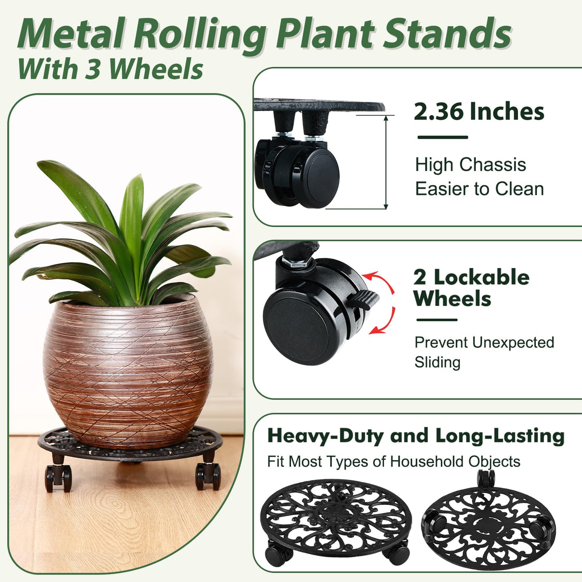Planterhoma stand showing wheels with locking casters for secure placement.