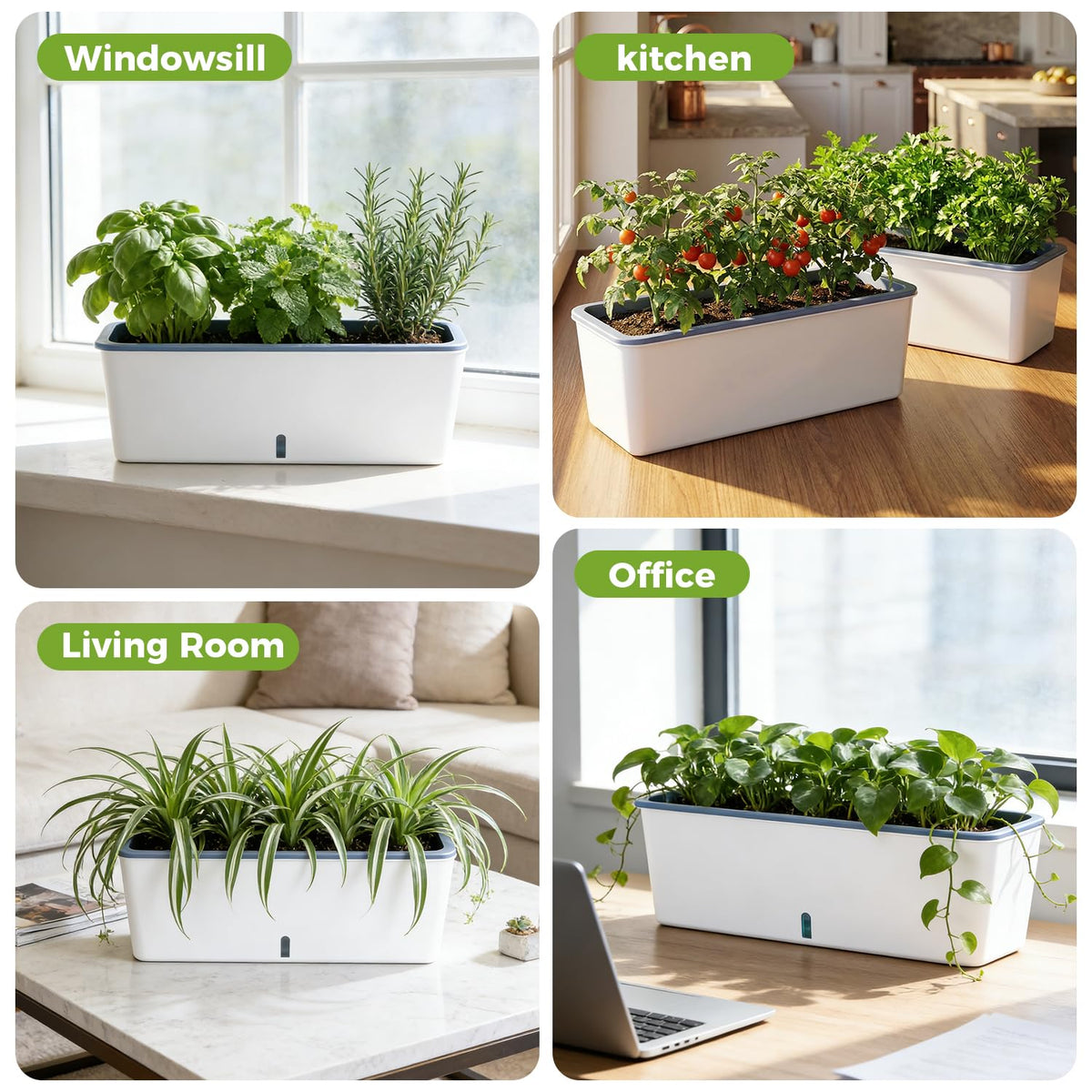 Planterhoma white 2-pack self-watering planters arranged for a neat indoor setup