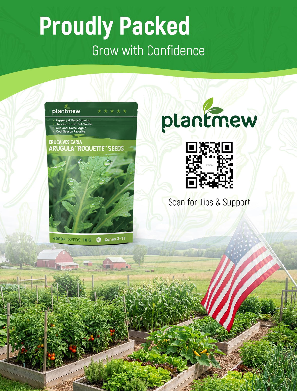 PLANTMEW Arugula seeds offer peppery greens to elevate salads and pizzas.