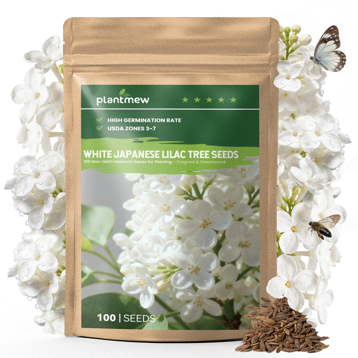 PLANTMEW White Japanese Lilac seeds pack front view ready to grow.