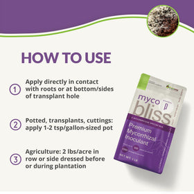 Labeled Plantonix Myco Bliss bag highlights five-strain inoculant for plants.