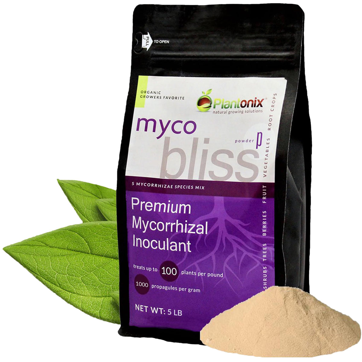 Plantonix Myco Bliss Powder 5lbs packaging boosts soil health with concentrated inoculant.