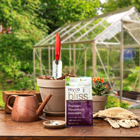 Hero shot of Plantonix Myco Bliss Powder bottle and bag on a shelf.