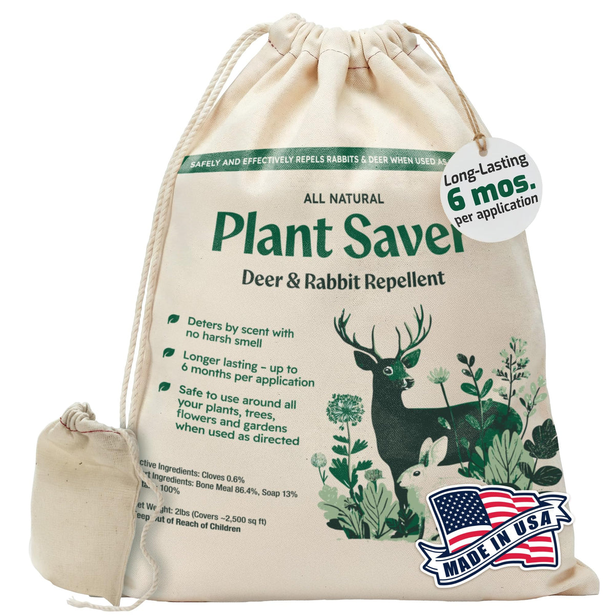 Plantsaver deer & rabbit repellent bags hanging to protect garden borders.