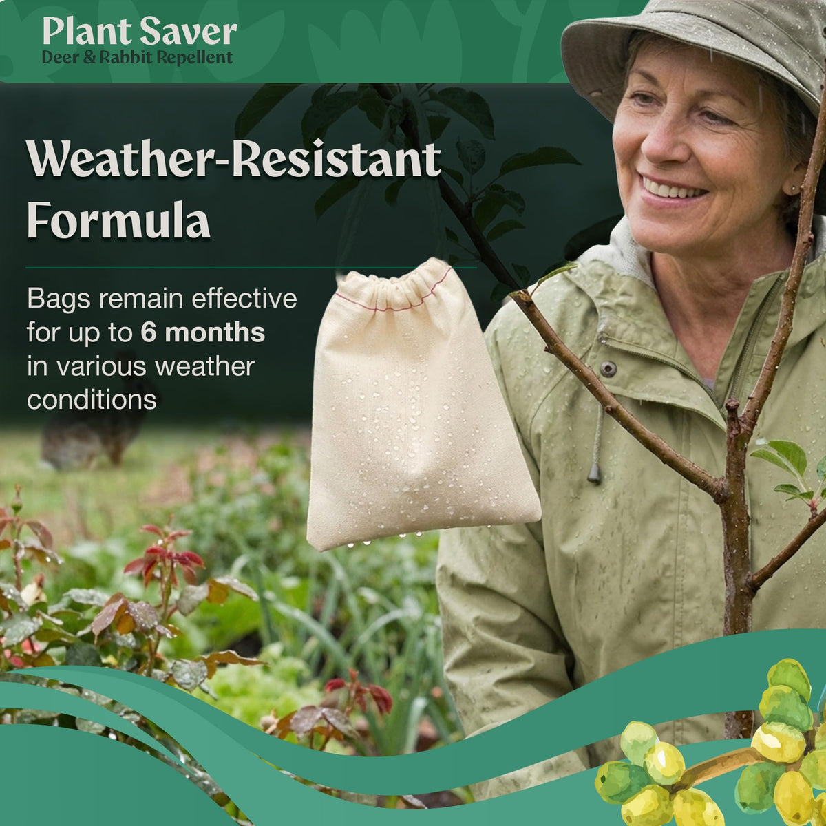 Plantsaver eco-friendly ingredients logo highlights safe use near edibles and pets.