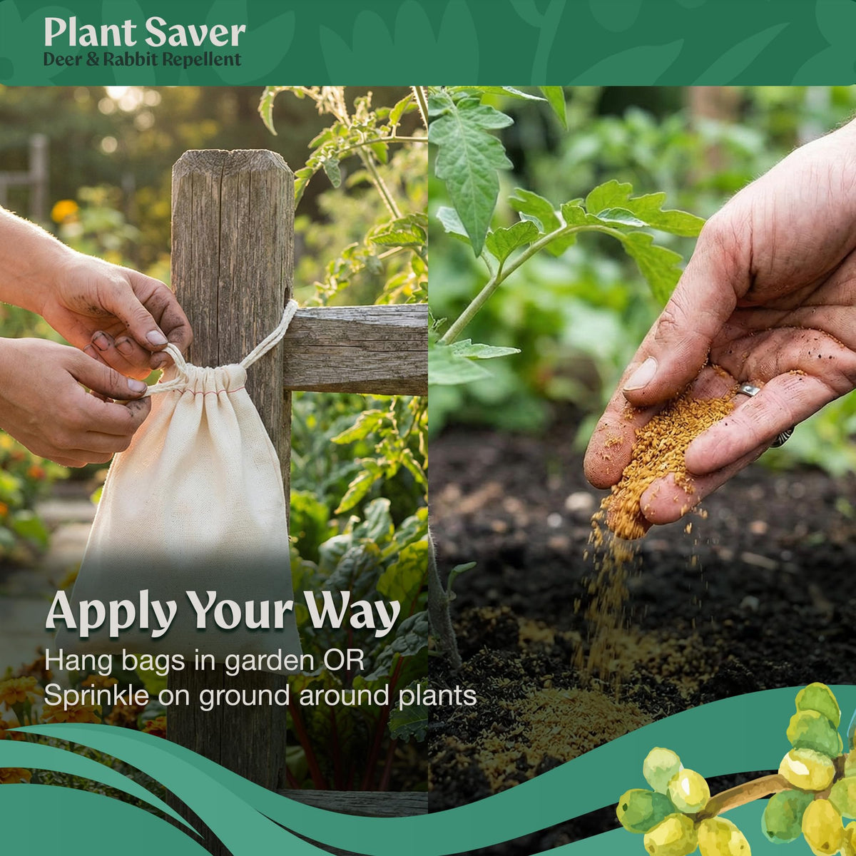 Plantsaver garden perimeter protected by scent-based formula against herbivores.