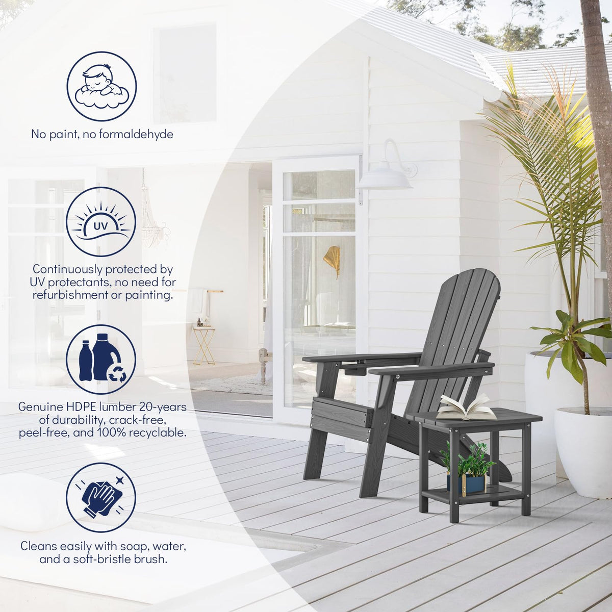 Easy wipe-clean finish on the Plawdlik chair keeps it looking new outdoors.