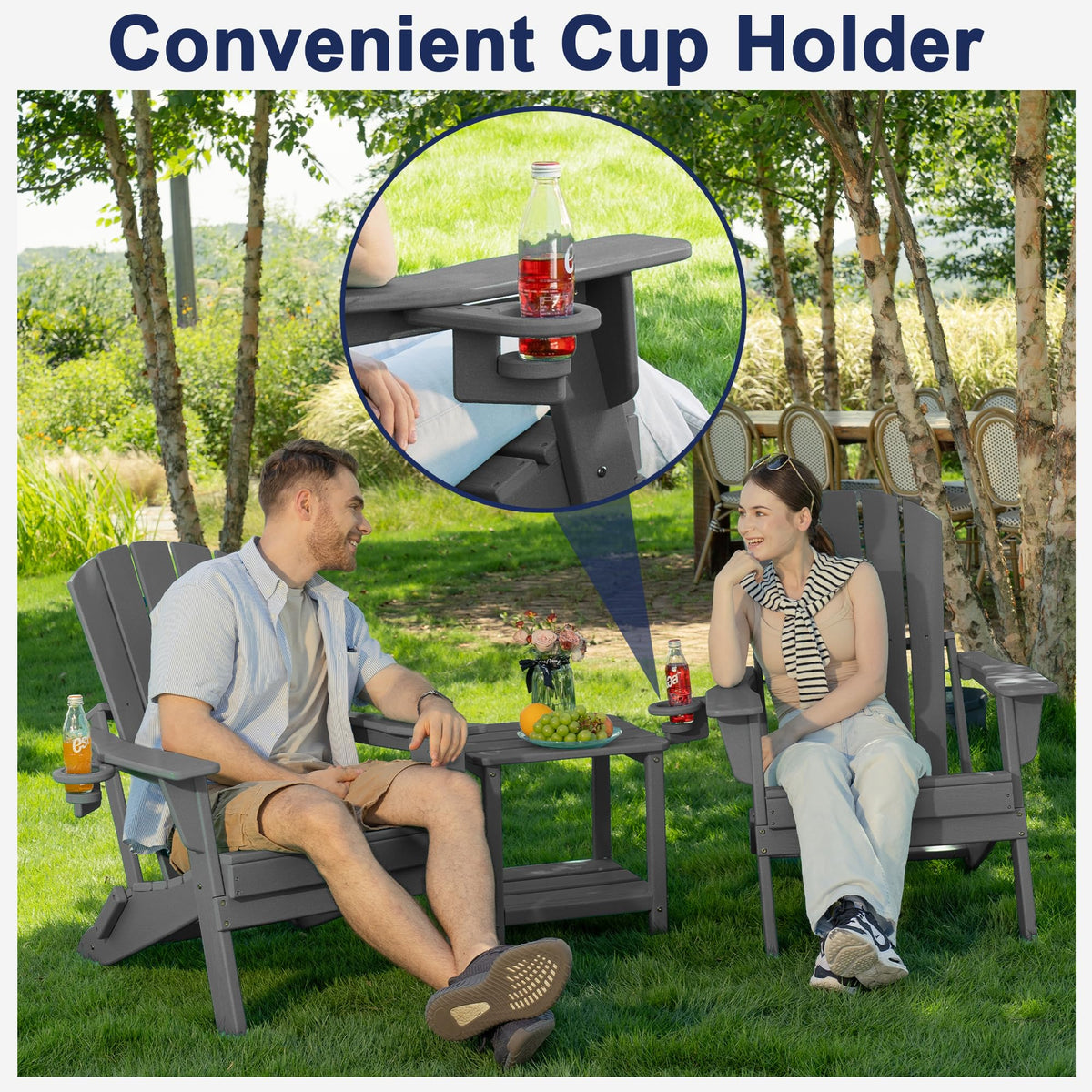 Ergonomic 104-degree recline on the Plawdlik Adirondack chair for comfortable lounging.