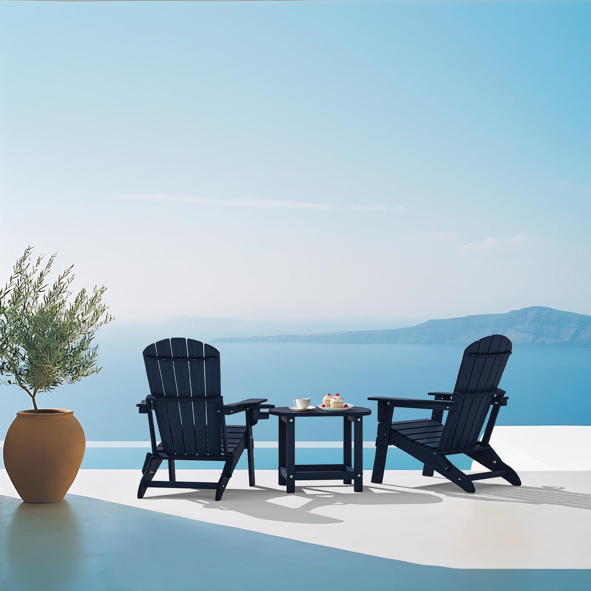 Plawdlik folding Adirondack chair navy blue with cup holder in use for beverages.