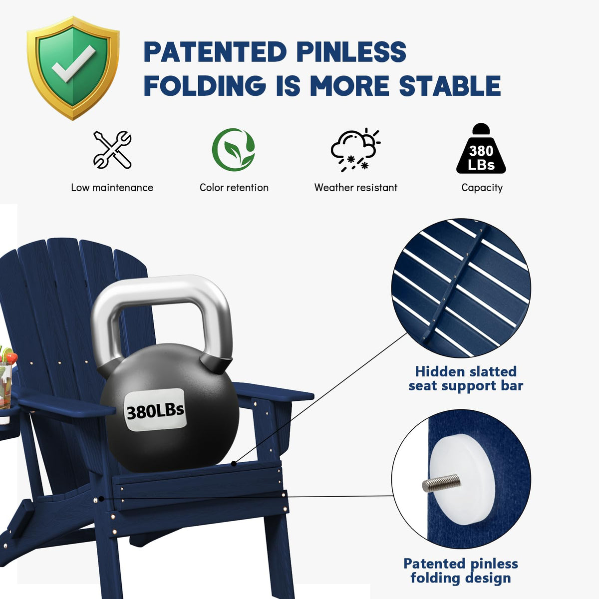 Plawdlik folding Adirondack chair navy blue SGS-tested durability.