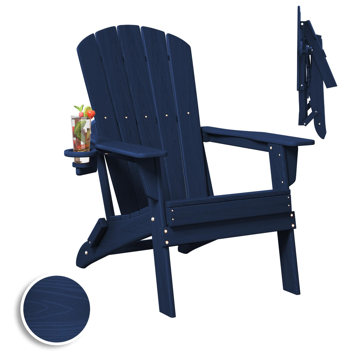Plawdlik folding Adirondack chair navy blue, side view for poolside lounging.