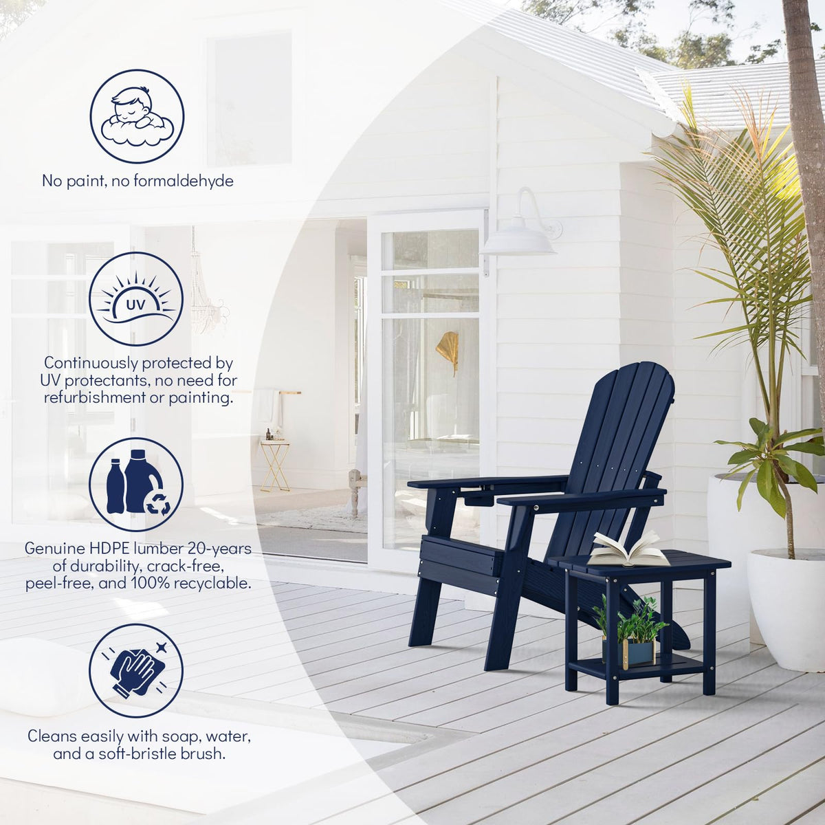 Plawdlik folding Adirondack chair navy blue with wider armrests for comfort.